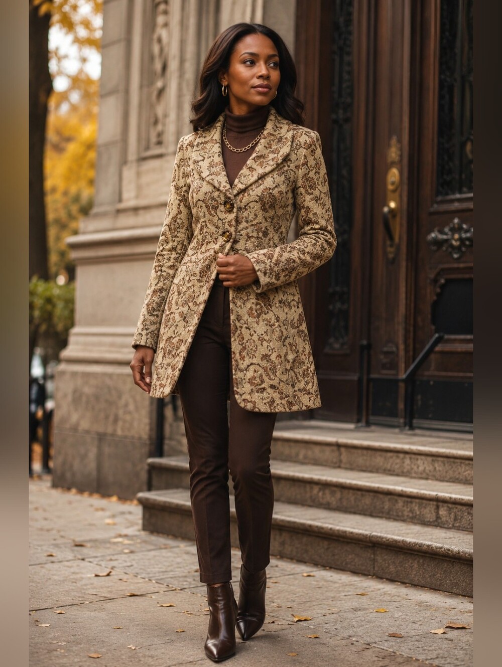 Classiques Entier Brocade Coat Jacket Womens Small Petite Tan Brown Paisley Tape